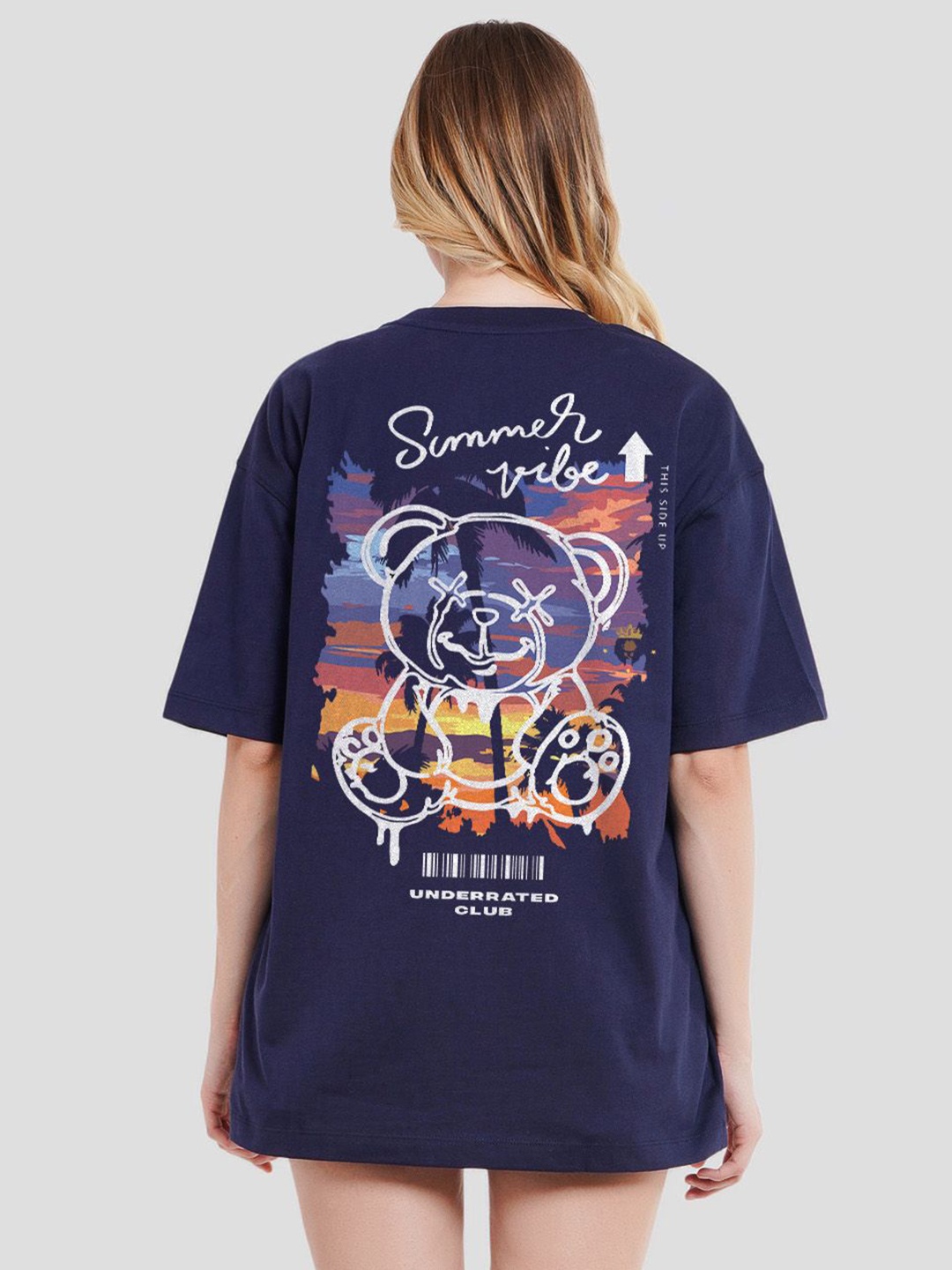 

Underrated Club Women Bio Finish Graphic Printed Round Neck Cotton Oversized T-shirt, Navy blue