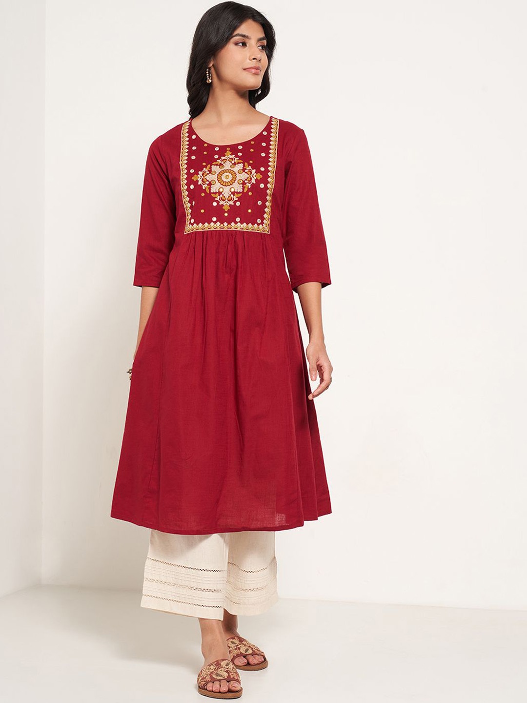 

RANGMANCH BY PANTALOONS Embroidered Cotton Thread Work A-Line Kurta, Red