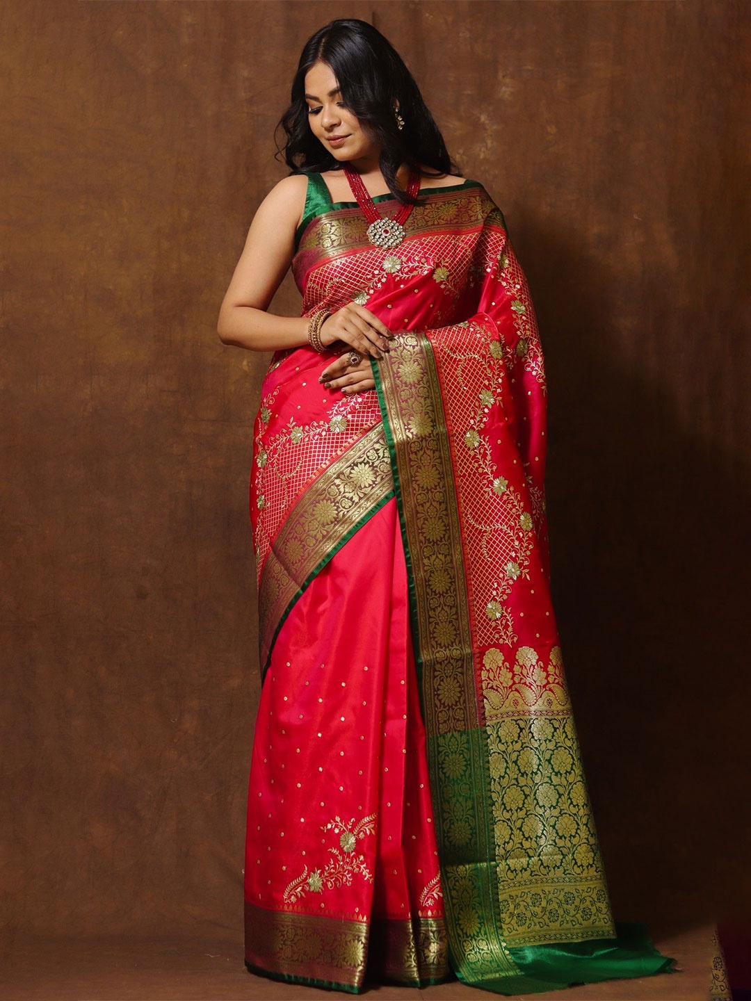 

GS CREATION Woven Design Zari Satin Banarasi Saree, Pink