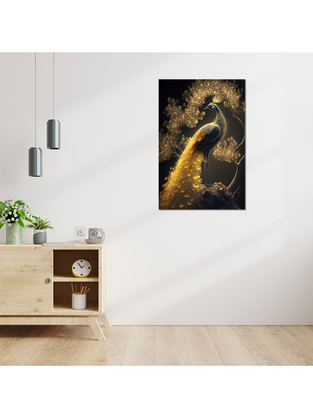 

CVANU Black & Gold Toned Peacock Canvas Wall Painting