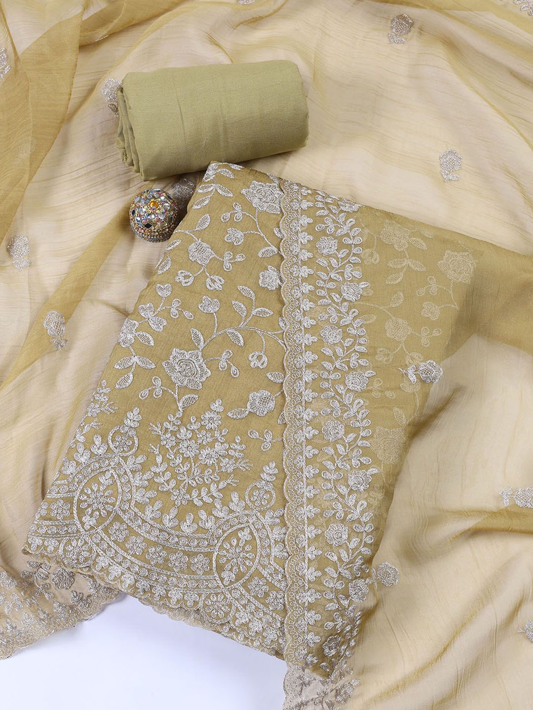 

Meena Bazaar Floral Embroidered Zari Tissue Unstitched Dress Material, Green