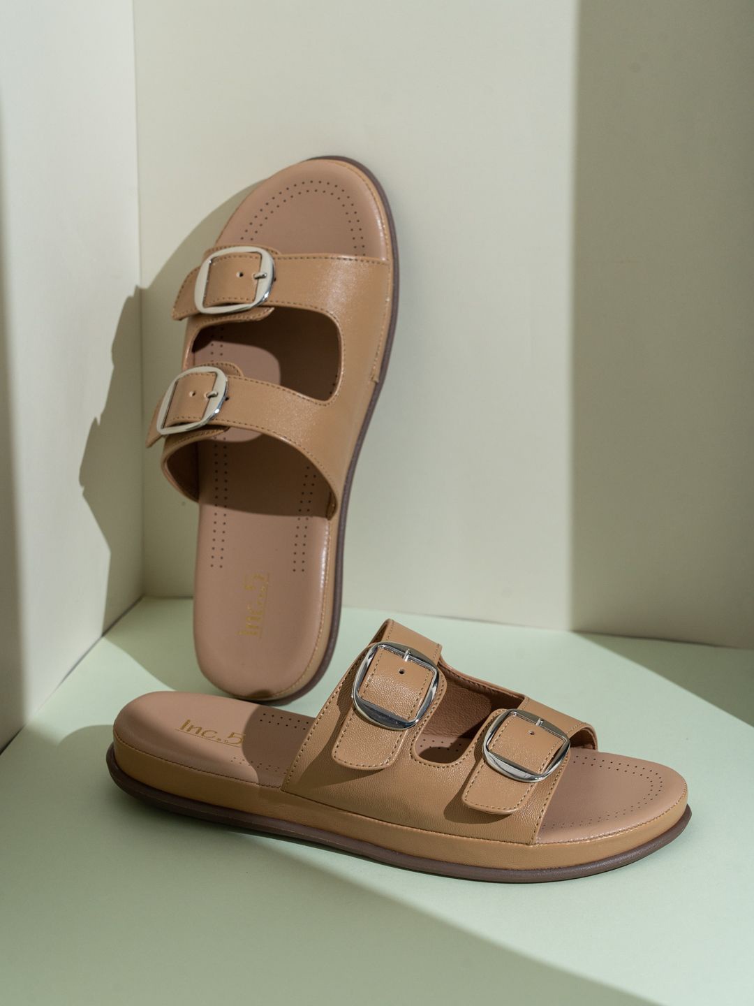 

Inc 5 Women Open Toe Flats with Buckles, Beige