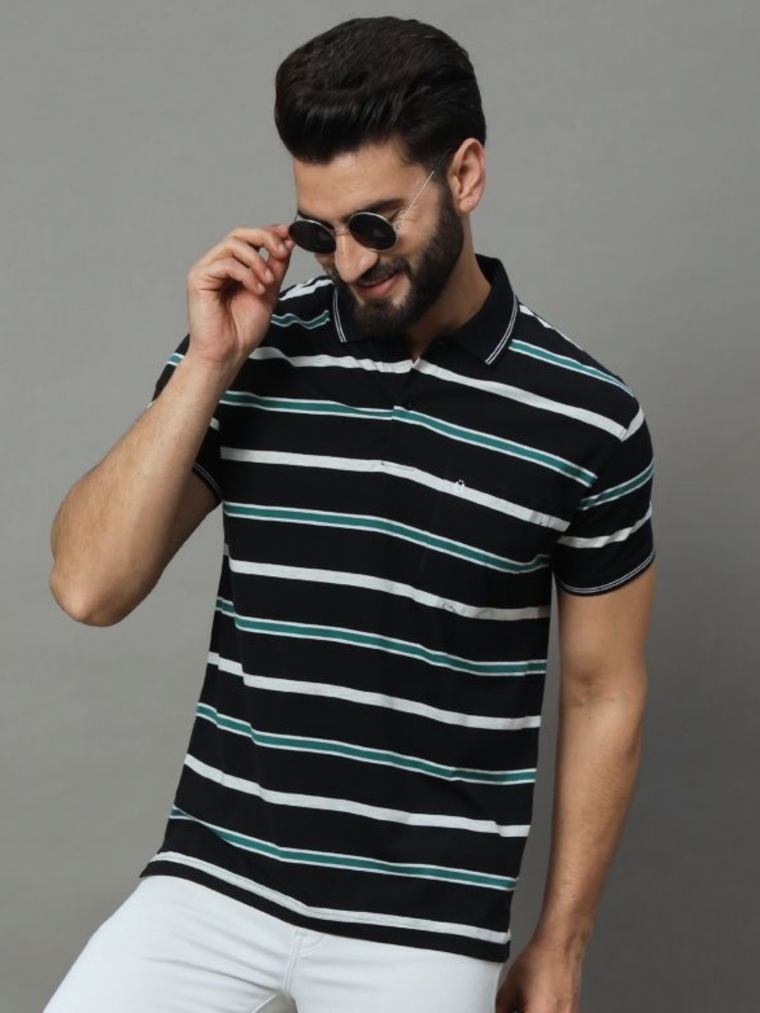 

UNIBERRY Men Striped Polo Collar Monochrome T-shirt, Black