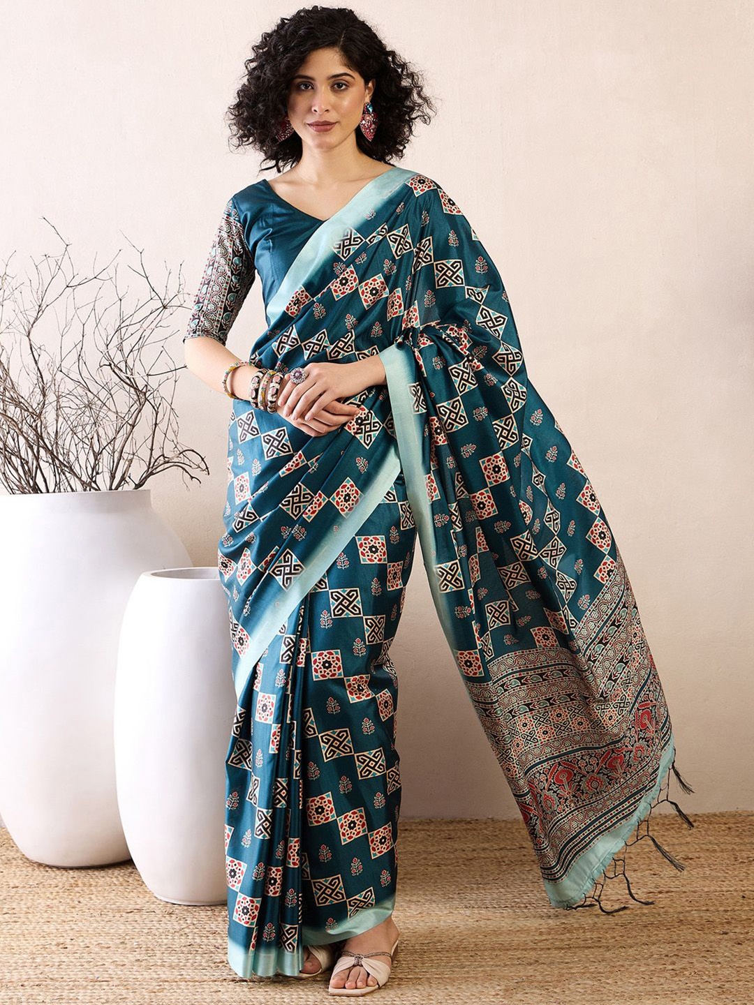 

Anouk Rustic Ajrak Block Satin Ready to Wear Bagru Saree, Teal