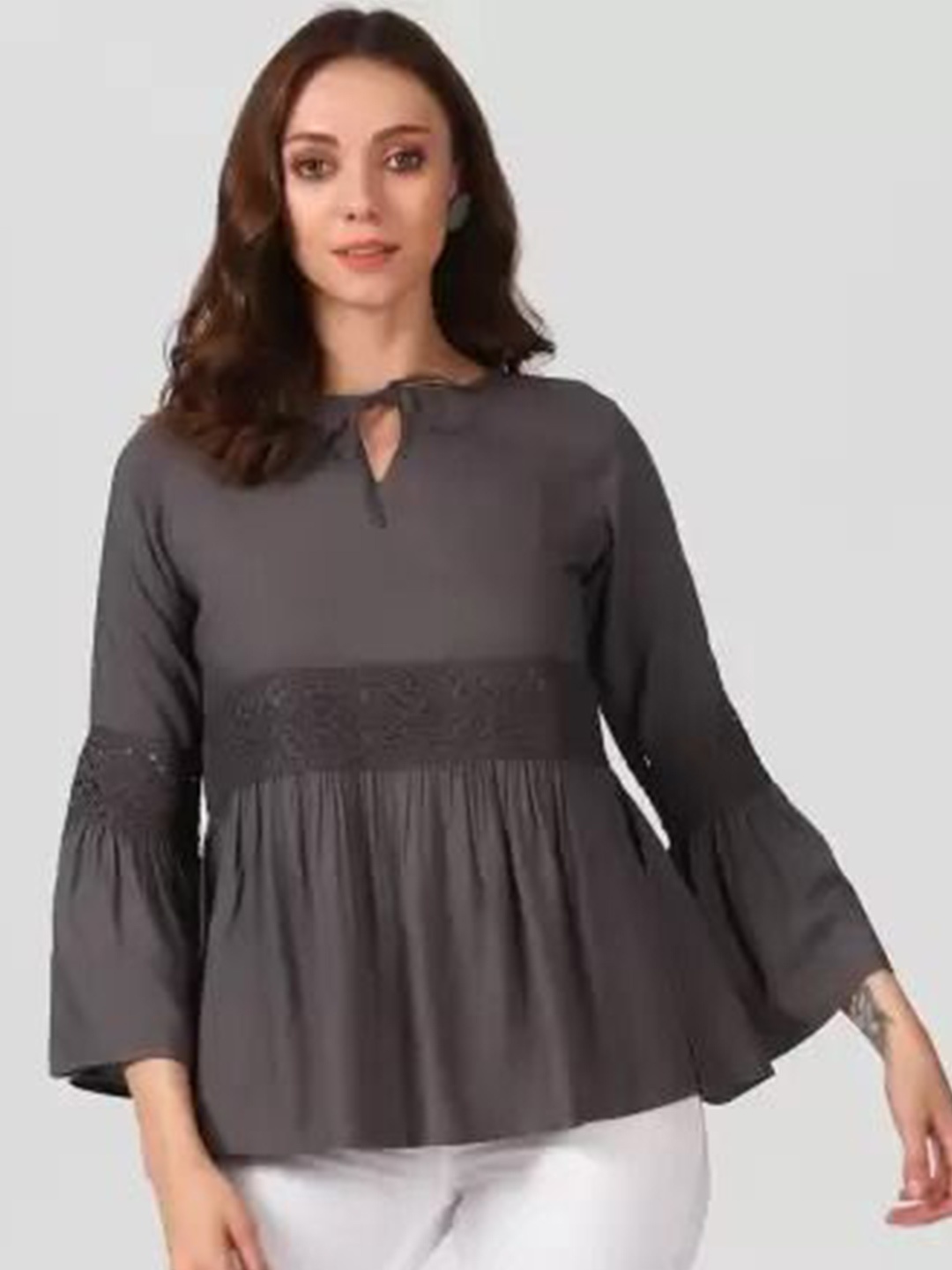 

Moda Rapido Tie-Up Neck Bell Sleeve Crepe Peplum Top, Grey
