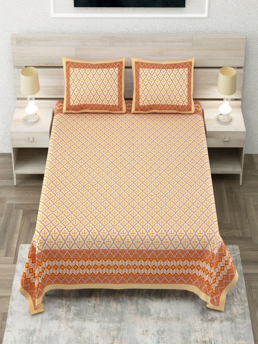 

Aapno Rajasthan Yellow Ethnic Motifs Pure Cotton 144 TC King Bedsheet Set 2.74 m x 2.74 m