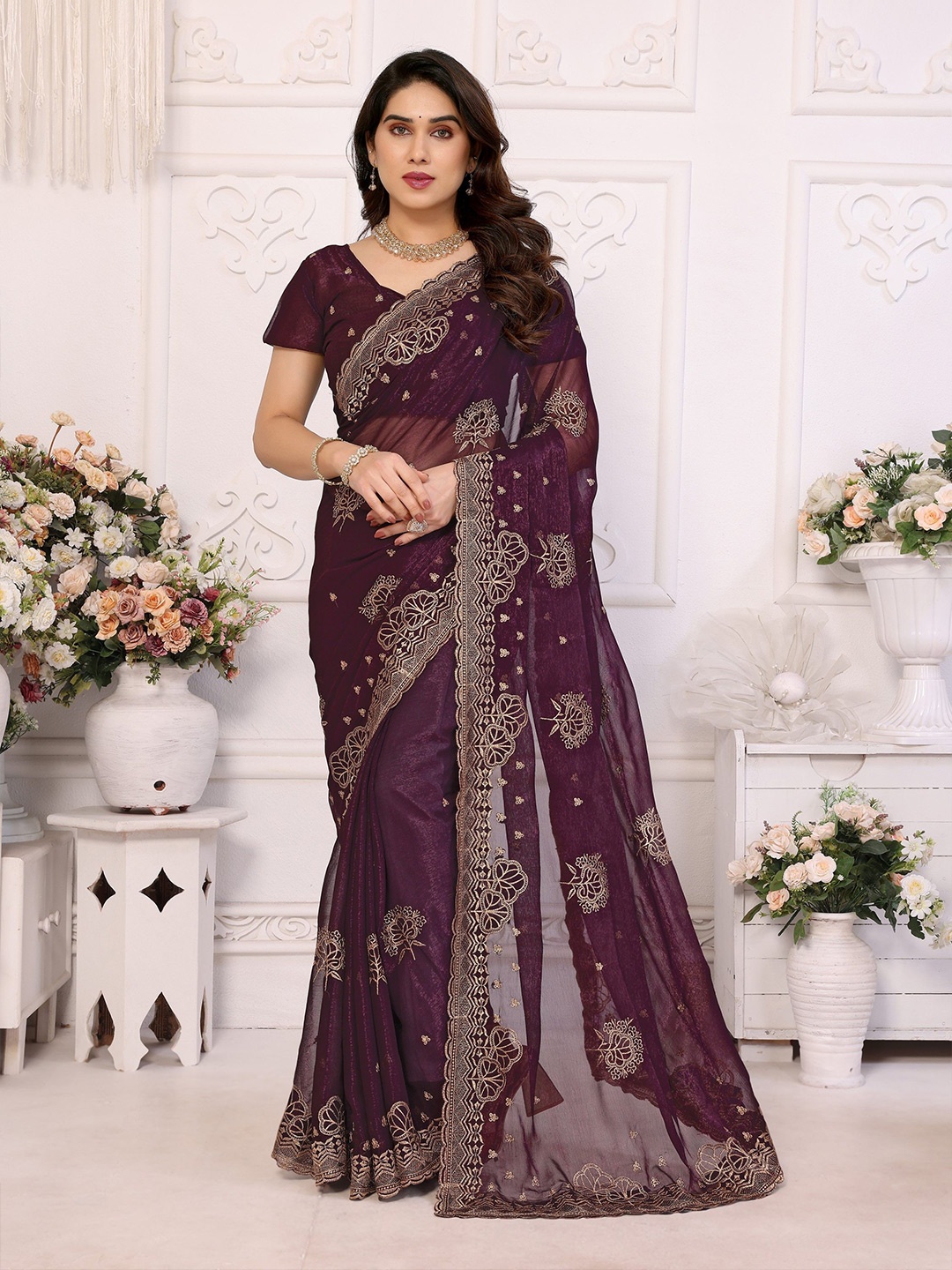 

Moda Rapido Embellished Embroidered Pure Silk Saree, Burgundy