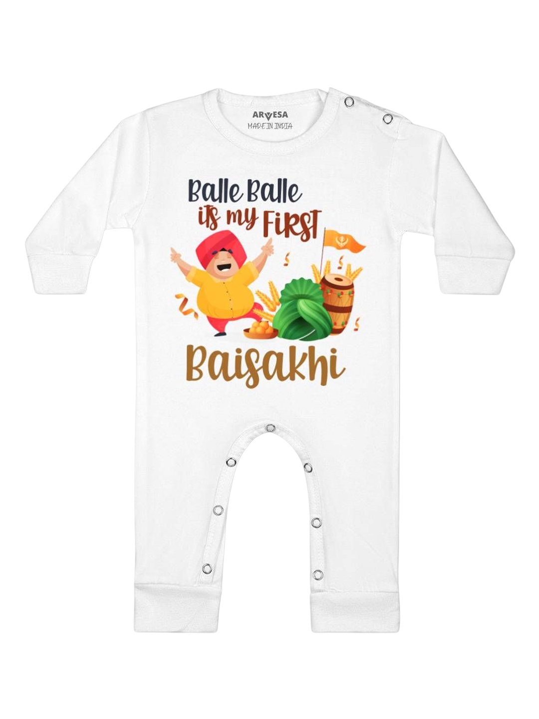 

Arvesa Happy Baisakhi Printed Baby Romper, White