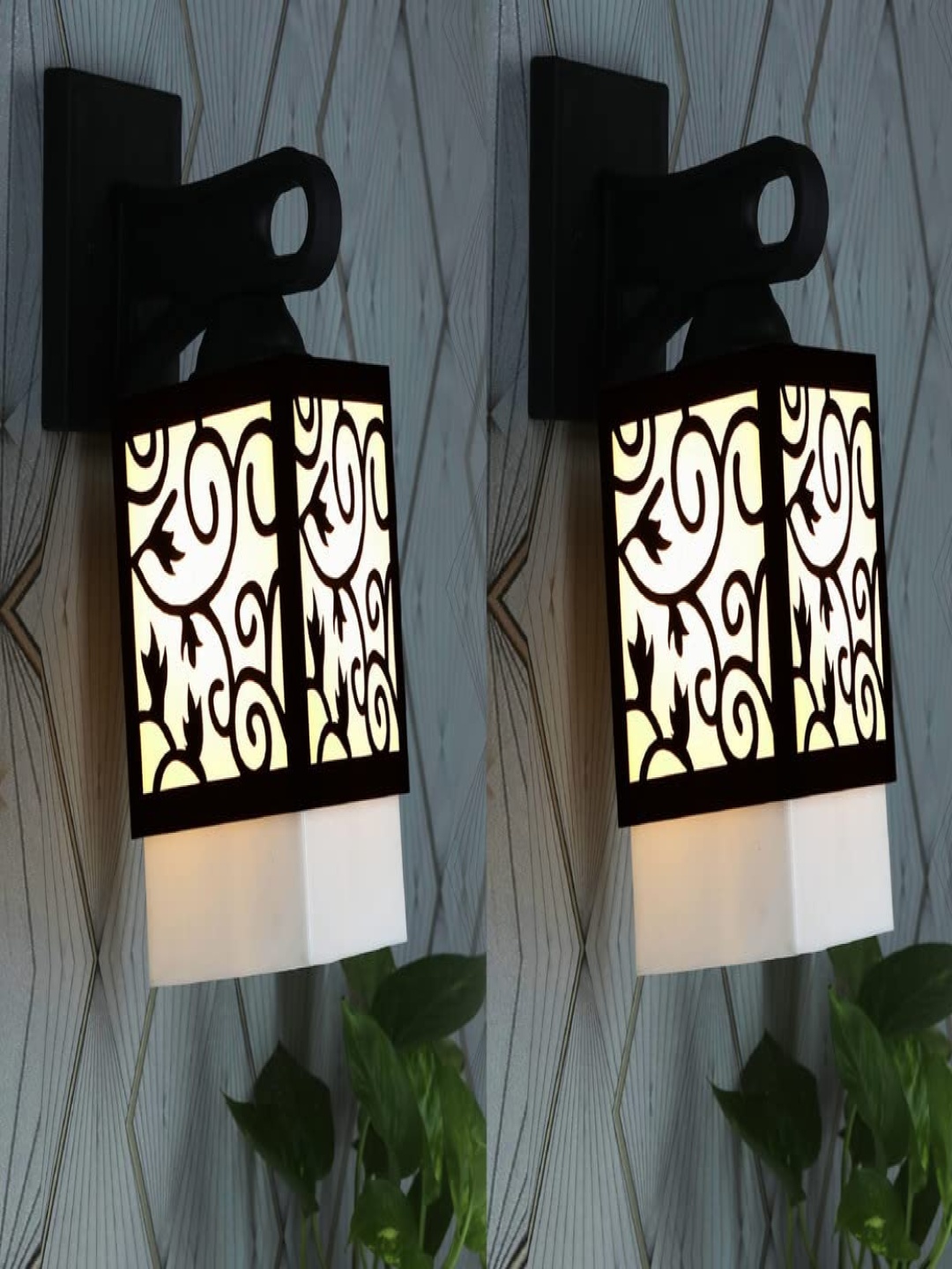 

Gojeeva Black & White 2 Pieces Textured Wooden Square Shaped Wall Lamps