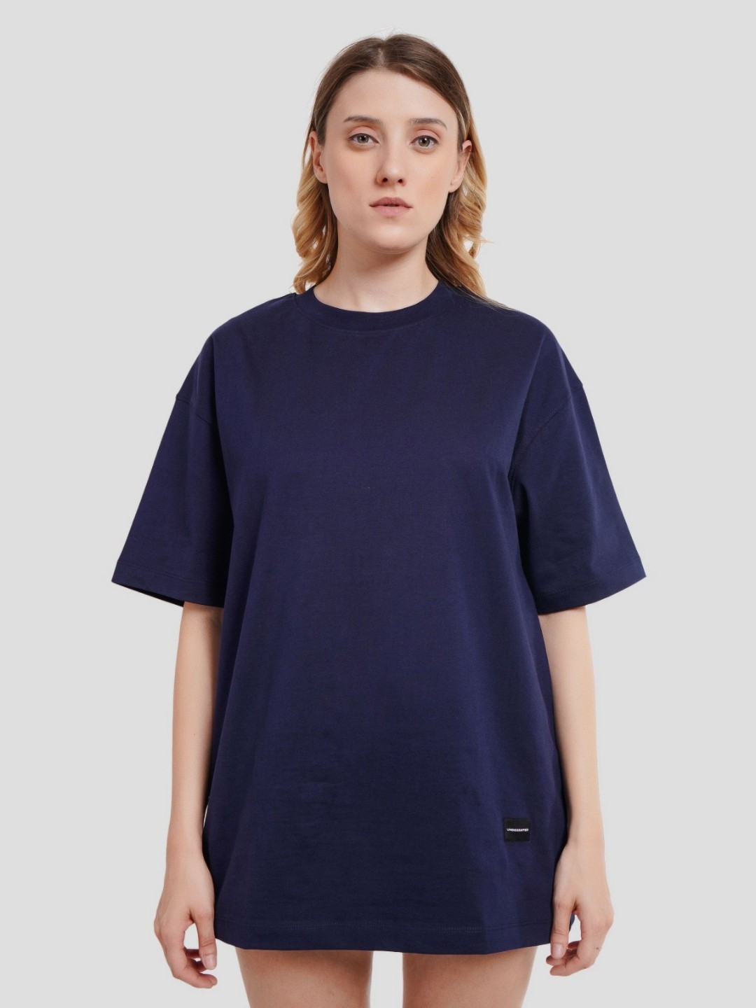 

Underrated Club Women Bio Finish Graphic Printed Round Neck Cotton Oversized T-shirt, Navy blue