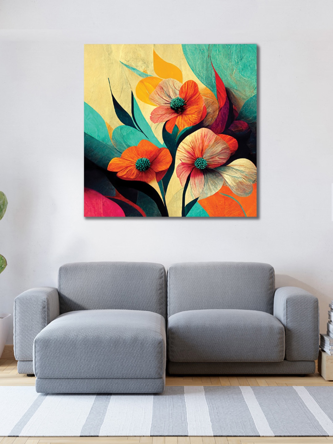 

CVANU Blue & Orange Floral And Botanical Square Canvas Wall Painting