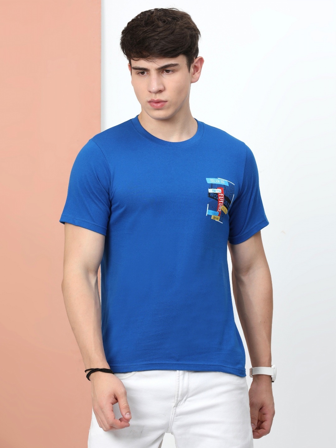 

Quco Men Graphic Printed Biowashed Round Neck Cotton Tshirt, Navy blue
