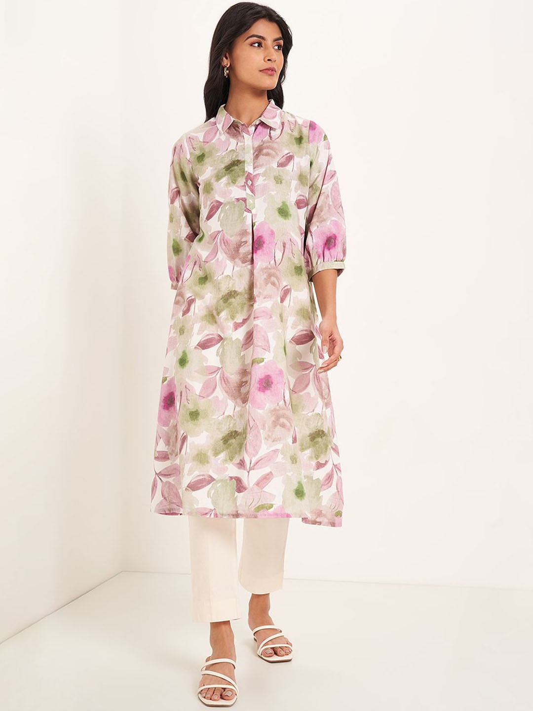 

RANGMANCH BY PANTALOONS Floral Printed Shirt Collar Straight Kurta, White