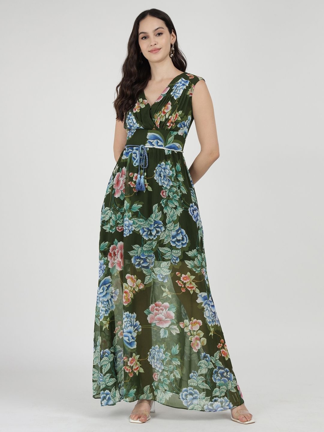 

GUESS Floral Print Empire Maxi Dress, Green