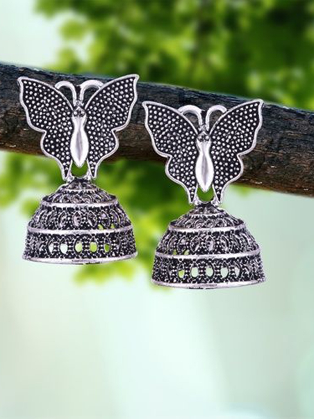 

DIVASTRI Set Of 5 Silver-Plated Dome Shaped Oxidized Jhumkas