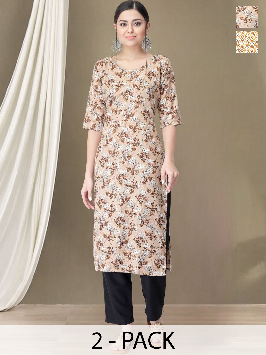 

Moda Rapido Selection Of 2 Floral Printed Round Neck Straight Kurtas With Trousers, Beige