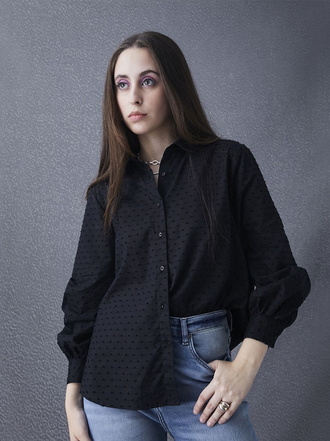 

VOLTEDGE Women Classic Polka Dot Printed Opaque Oversized Casual Shirt, Black