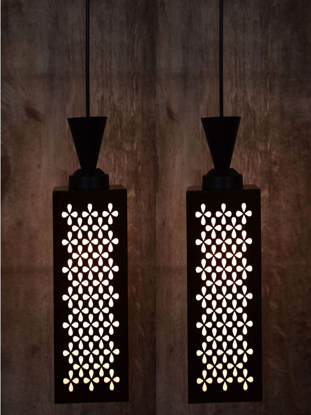 

Gojeeva Black 2 Pieces Floral Textured Rectangle Shaped Wooden Hanging Lamp