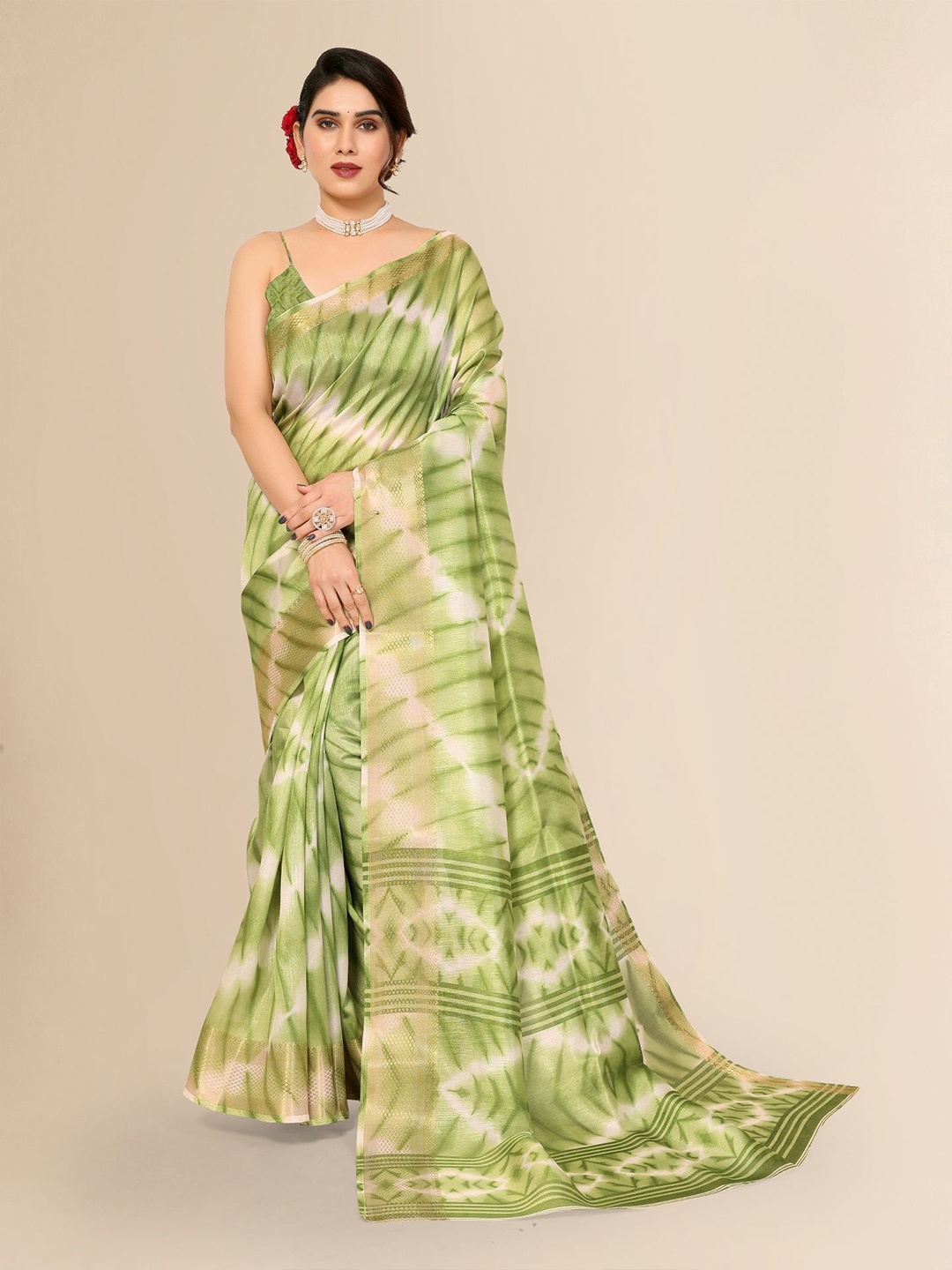 

Moda Rapido Tie and Dye Zari Saree, Green