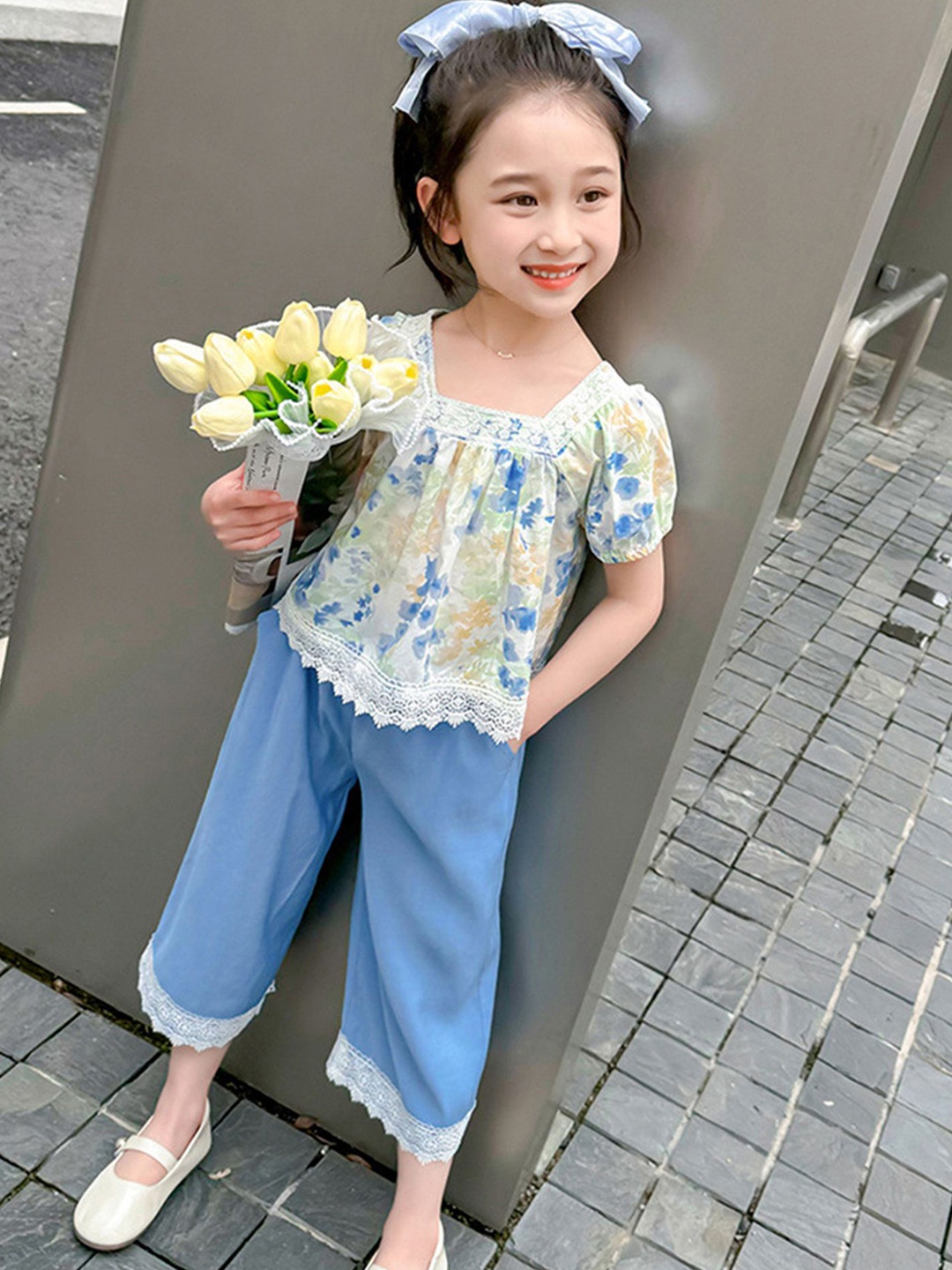 

LULU & SKY Girls Printed Square Neck Top With Trousers, Blue