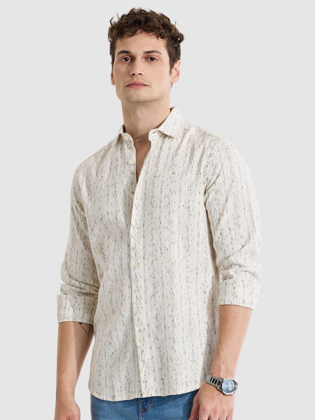 

Snitch Men Smart Slim Fit Opaque Striped Casual Shirt, Cream