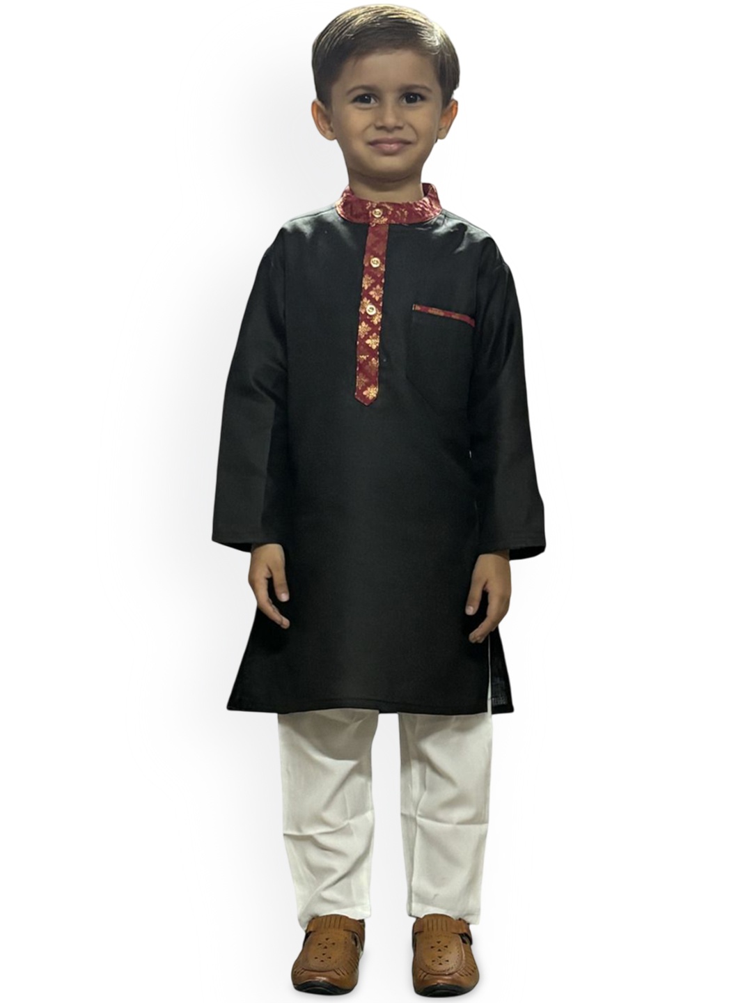 

BAESD Boys Band Collar Pure Cotton Straight Kurta With Pyjamas, Black