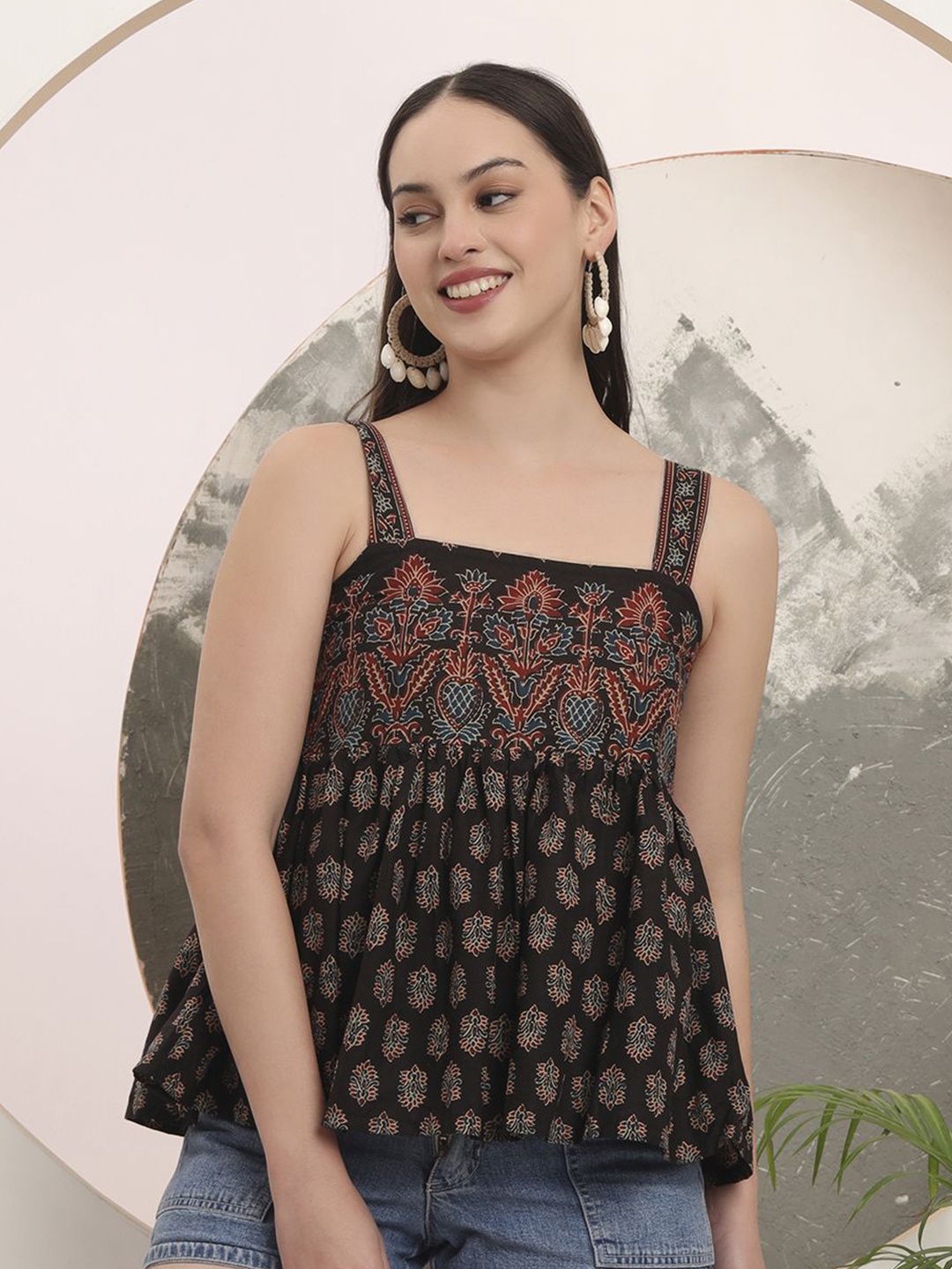 

Yufta Print Ethnic Cotton Peplum Top, Black