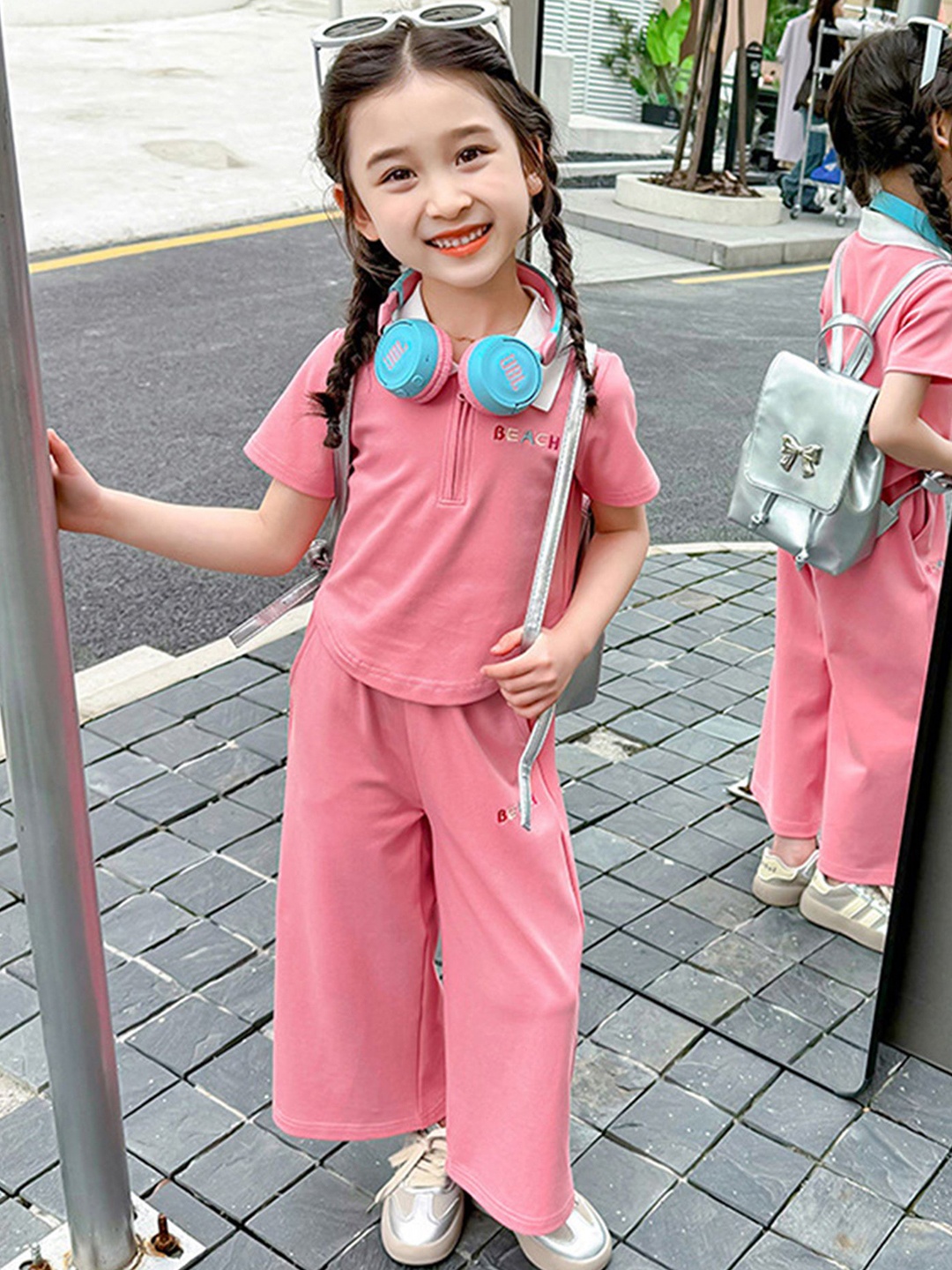 

LULU & SKY Girls Shirt Collar Polo T-shirt With Trousers, Pink