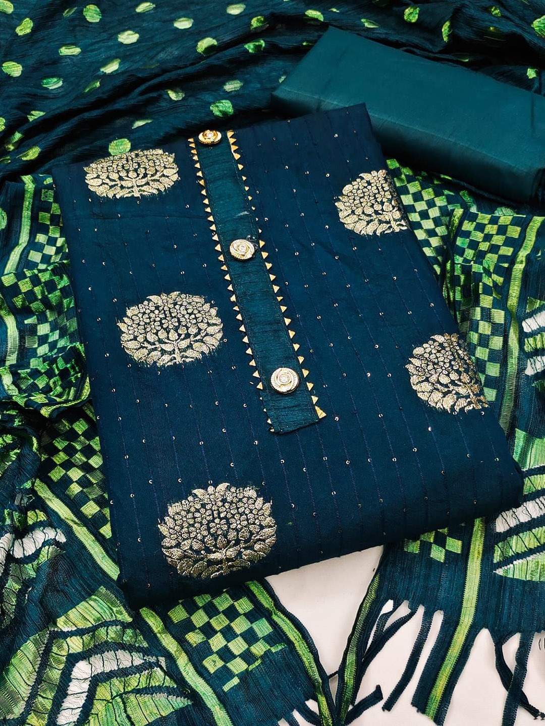 

Rangtulika Floral Woven Design Sequinned Banarasi Unstitched Dress Material, Teal