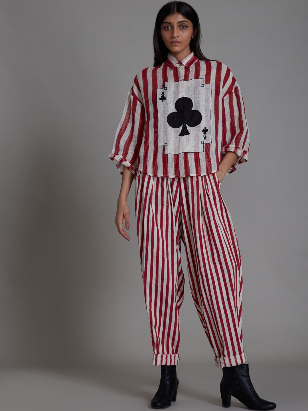 

MATI Striped Shirt Collar Neck Linen Shirt With Trousers, Red