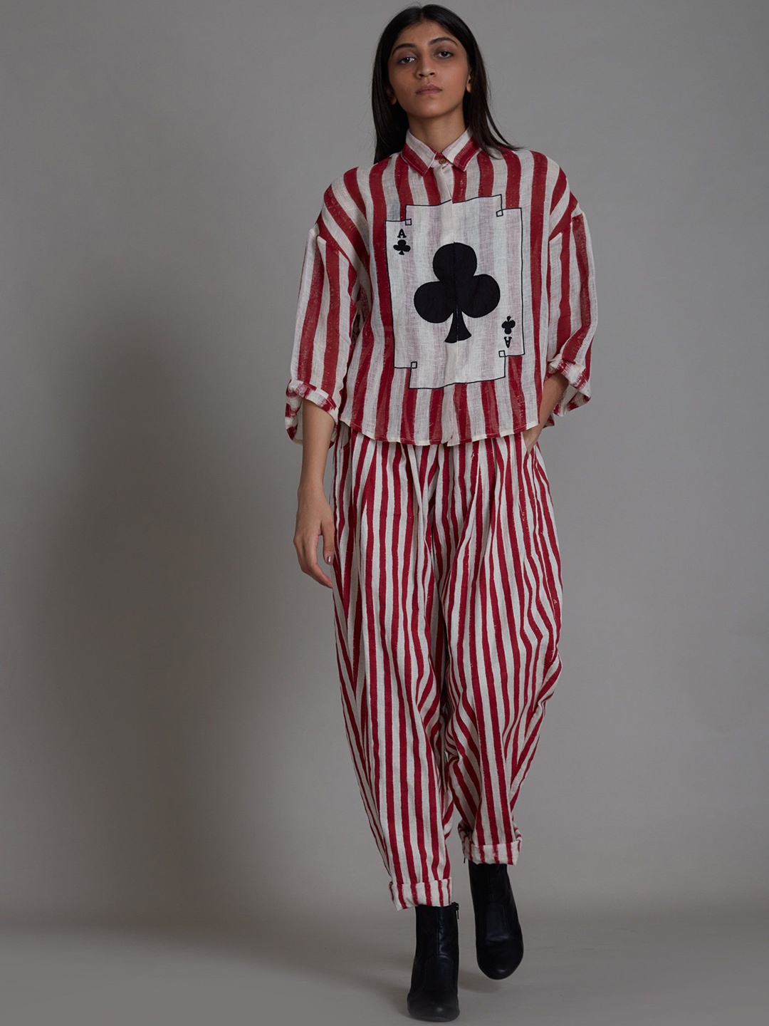 

MATI Striped Shirt Collar Neck Linen Shirt With Trousers, Red