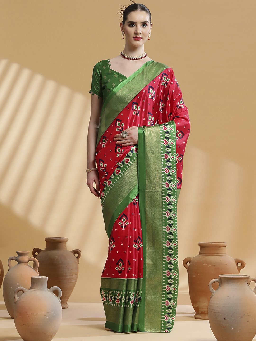 

Anouk Rustic Zari Silk Blend Ikat Saree, Red