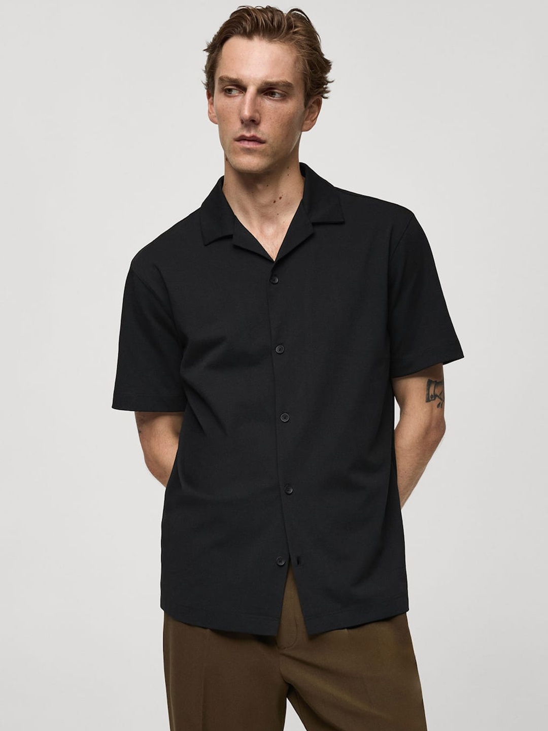 

MANGO MAN Cuban Collar Casual Shirt, Black