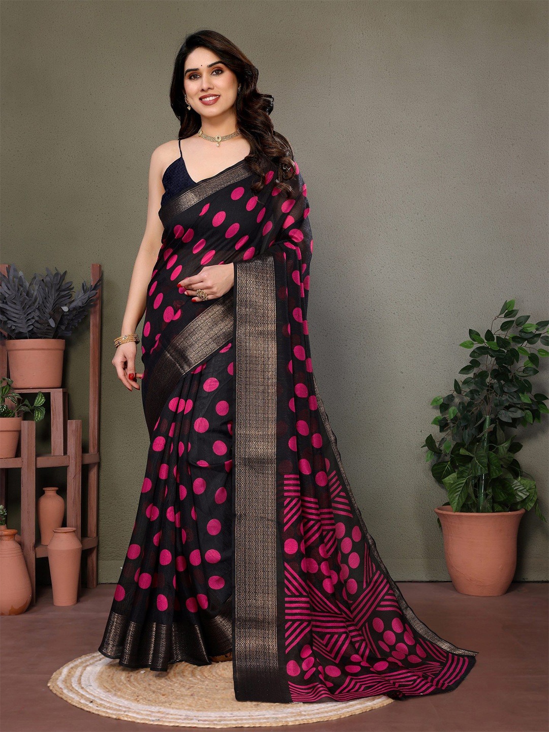 

Moda Rapido Polka Dot Zari Saree, Pink