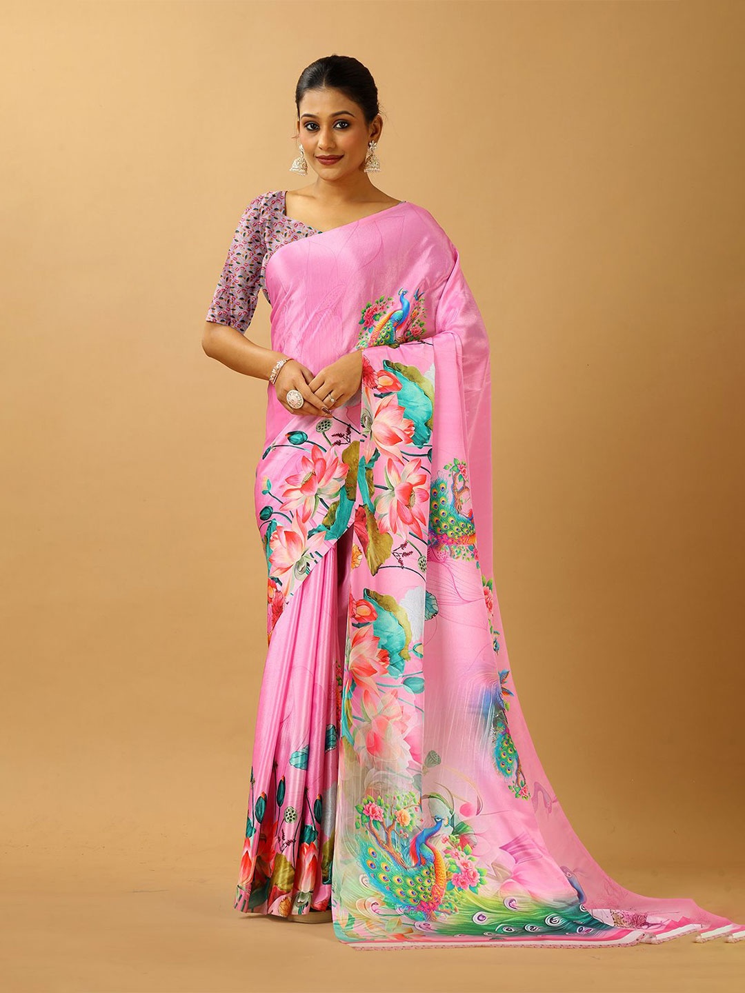 

VIRENDRA TEXTILES Floral Pure Crepe Saree, Pink