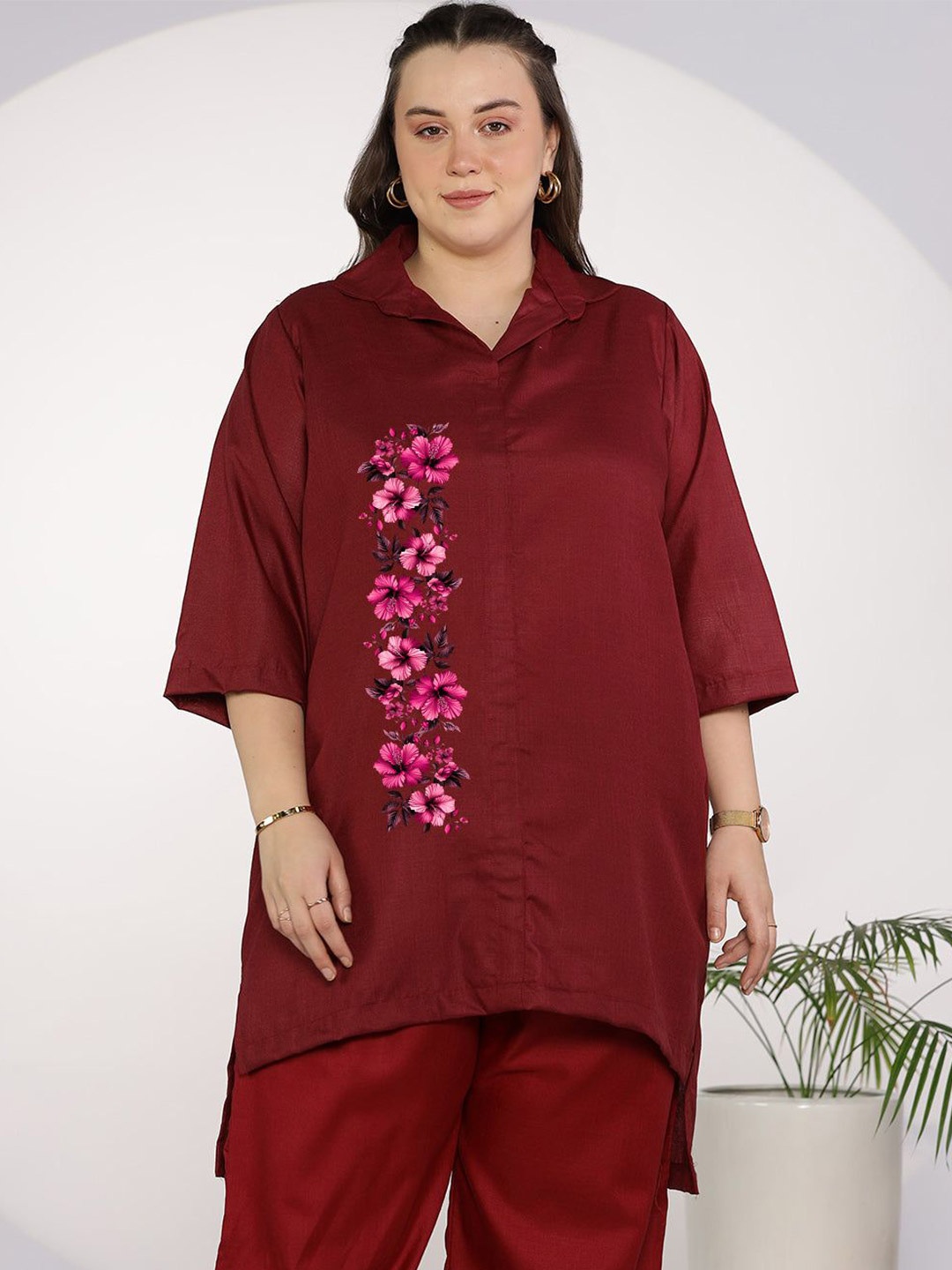 

LetsDressUp Plus Size Women Maroon Cotton Slub Shirt Top