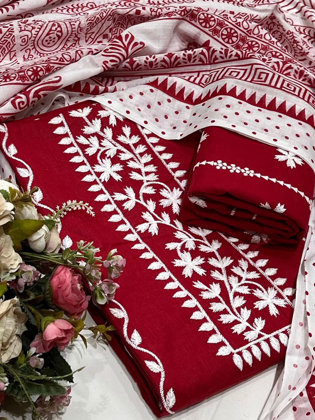 

SALWAR STUDIO Cotton Embroidered Unstitched Salwar Dress Material With Dupatta, Red