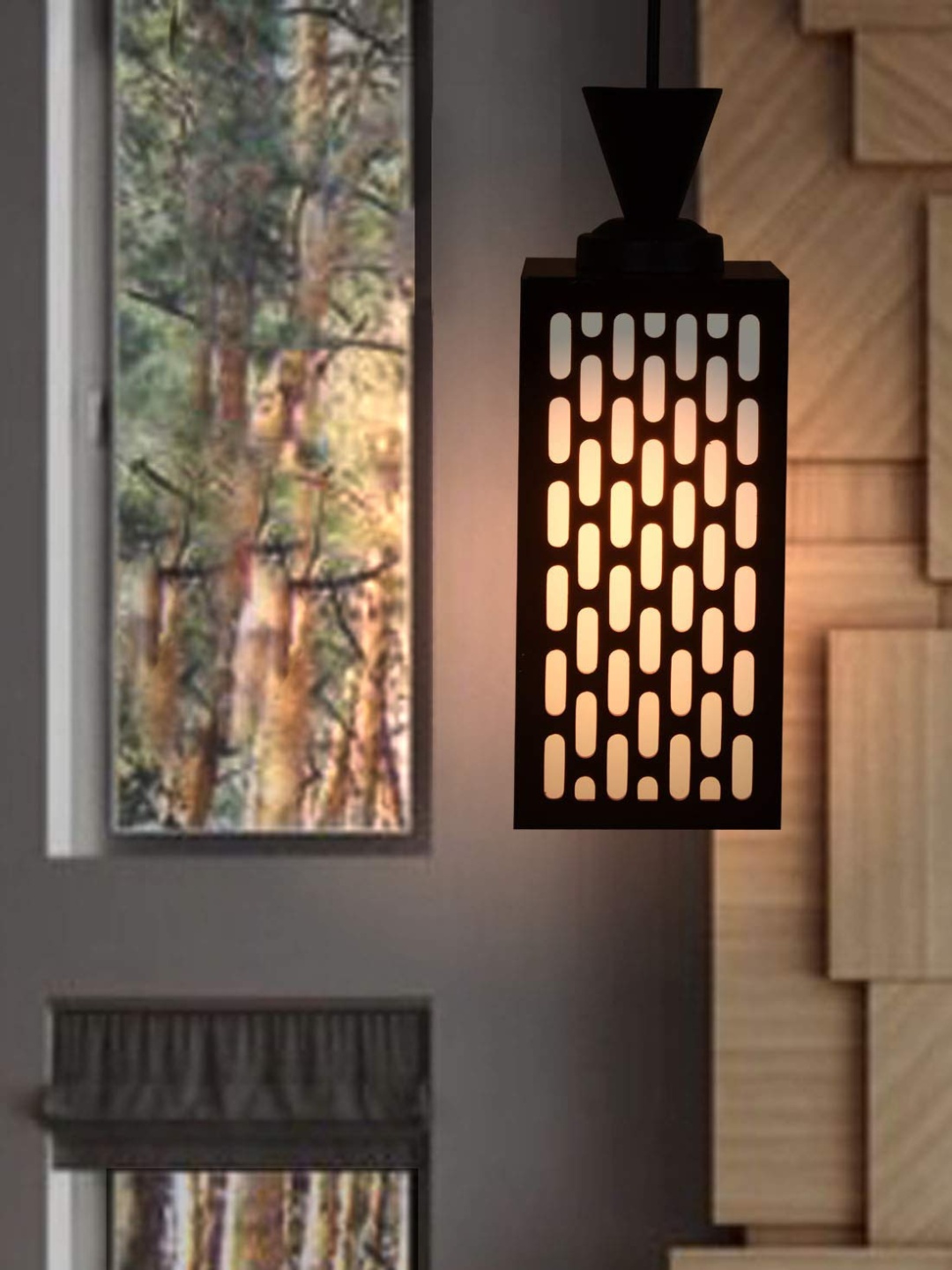 

Gojeeva Black & White Textured Rectangle Shaped Wooden Hanging Wall Lamp