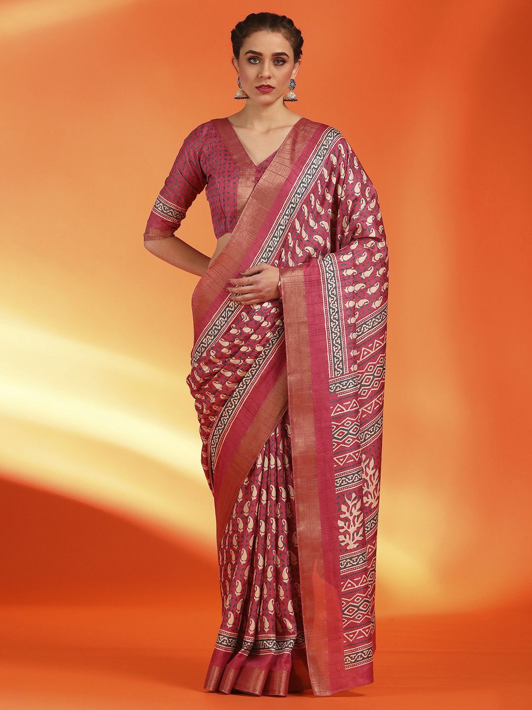 

Anouk Rustic Paisley Zari Silk Blend Dabu Saree, Pink