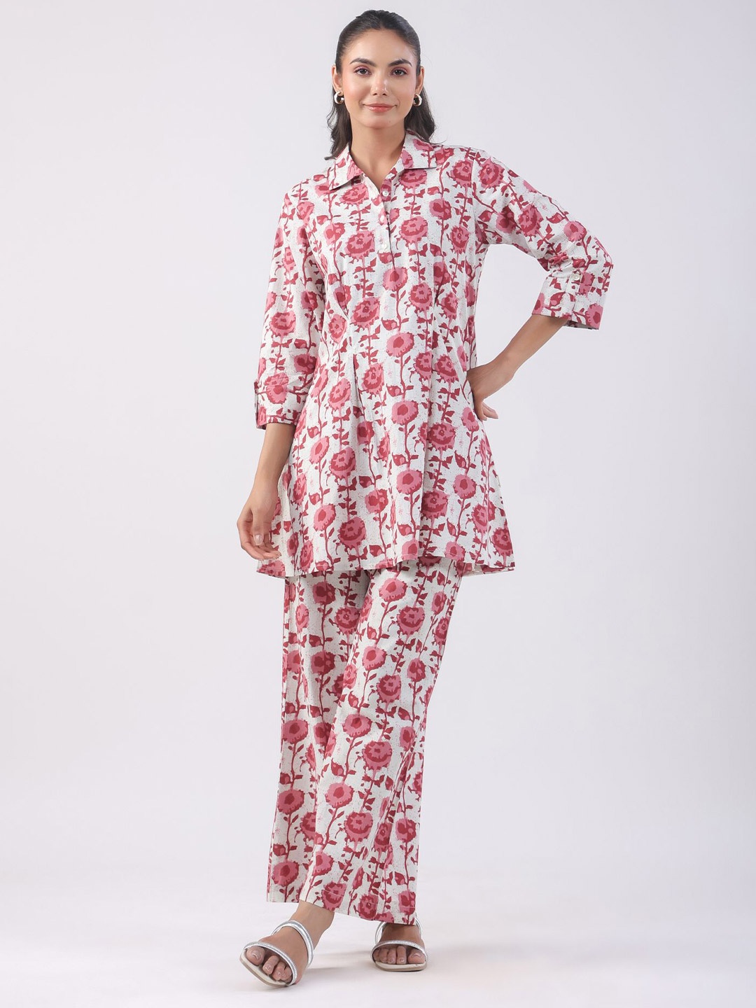

JISORA Printed Shirt Collar Pure Cotton Tunic With Palazzos Co-Ords Set, Pink