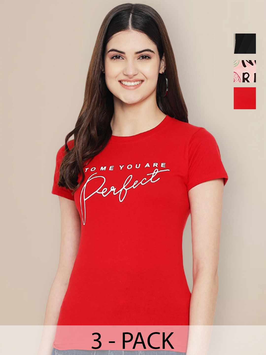 

Metronaut Women Pack of 3 Typography Printed Round Neck Cotton T-shirts, Red