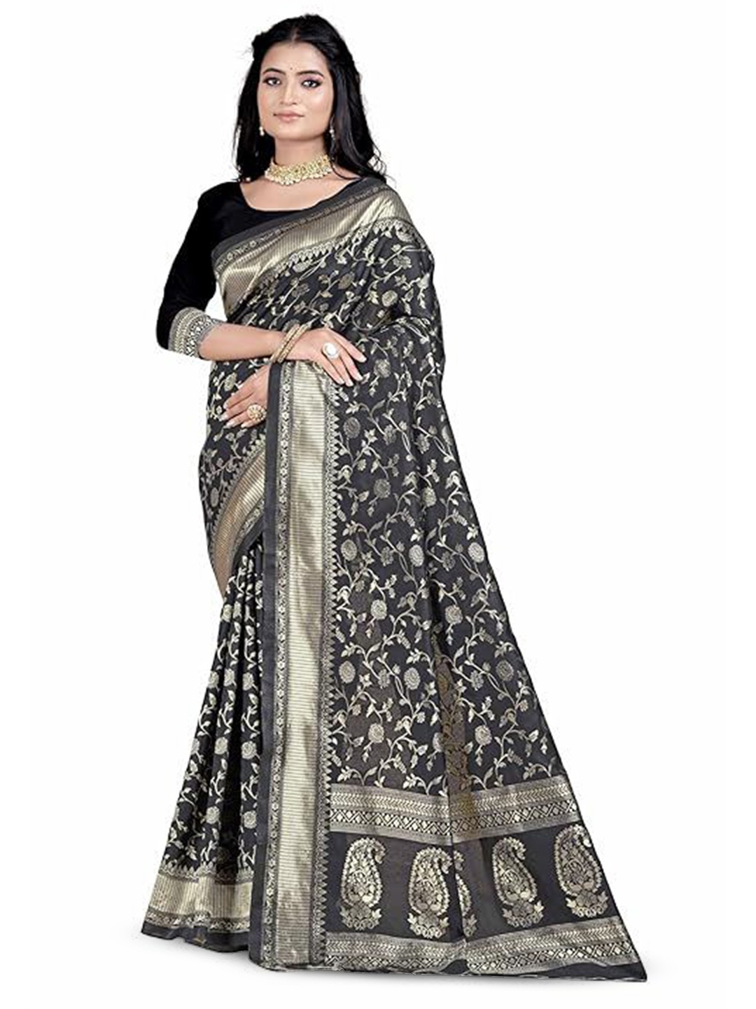 

KALINI Woven Design Zari Pure Silk Kanjeevaram Saree, Black