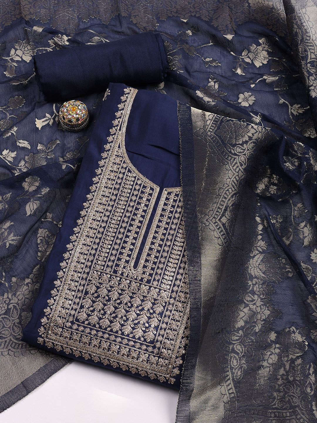

Meena Bazaar Floral Embroidered Sequinned Art Silk Unstitched Dress Material, Blue