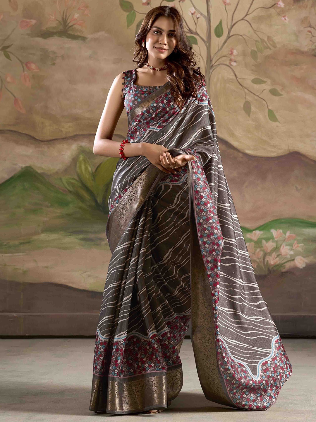 

Mitera Woven Design Zari Silk Blend Saree, Grey