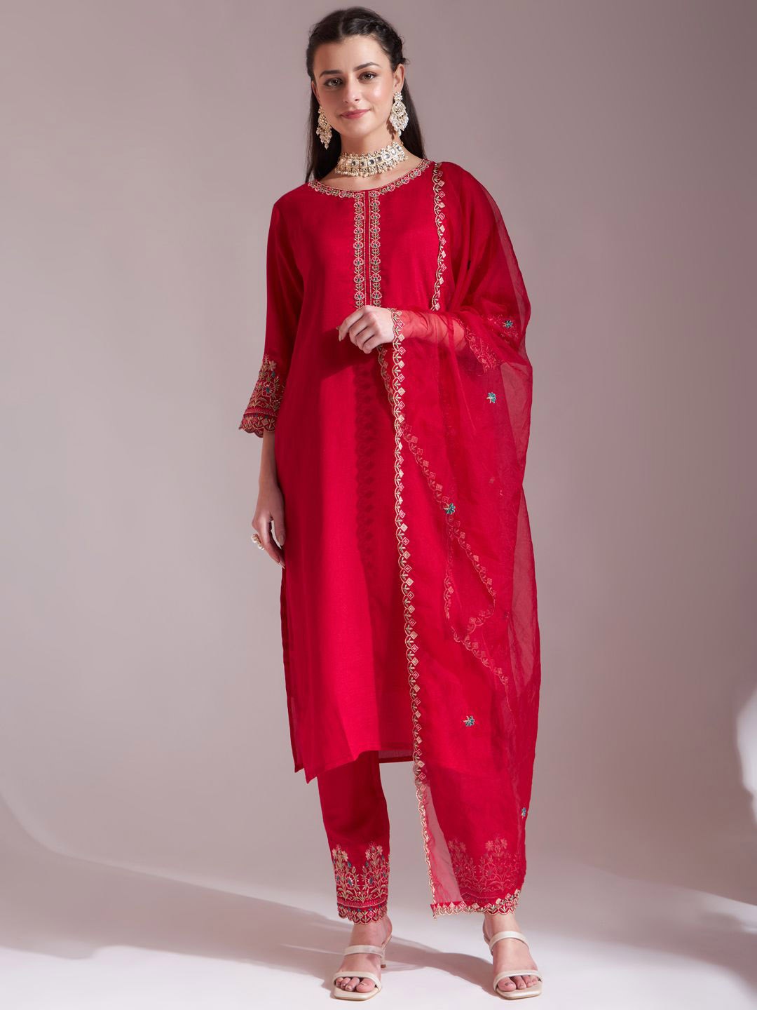 

Yufta Women Embroidered Regular Thread Work Kurta with Trousers & With Dupatta, Red