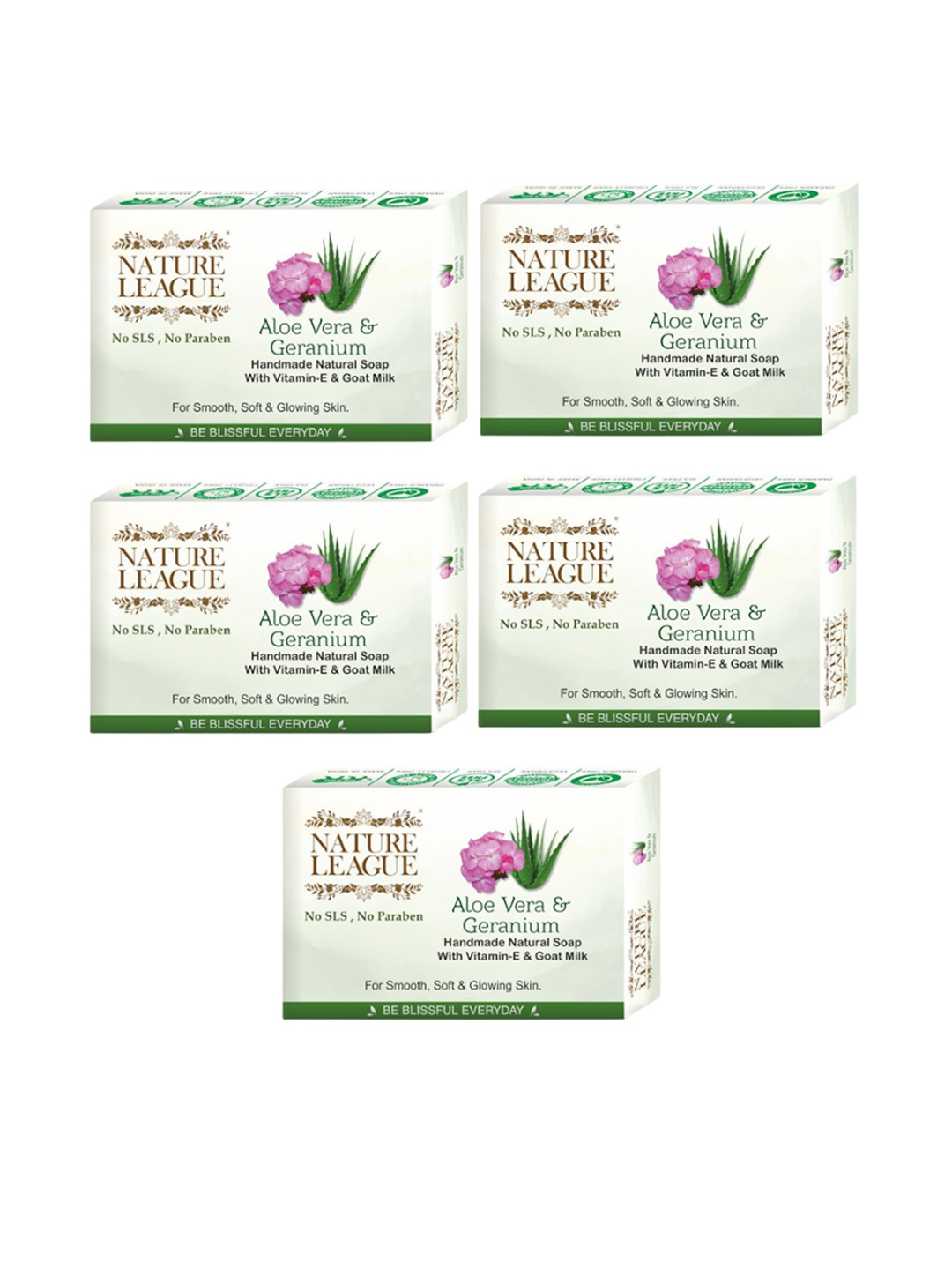 

NATURE LEAGUE Set Of 5 Aloevera And Geranium Natural Handmade Soap - 100 g Each, Fluorescent green