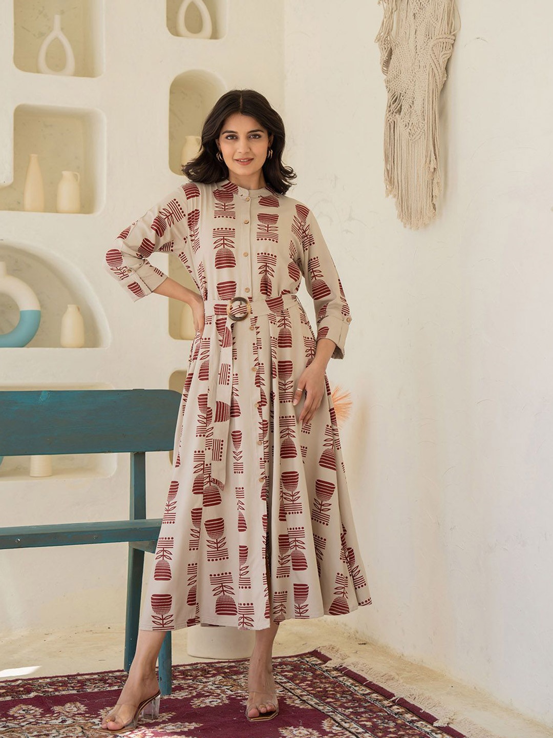 

Meena Bazaar Print Fit & Flare Midi Dress, Beige