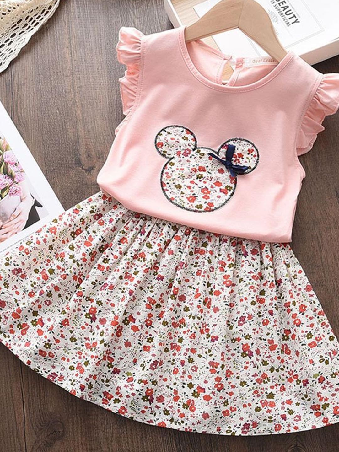 

LULU & SKY Girls Floral Printed T-shirt with Skirt, Pink