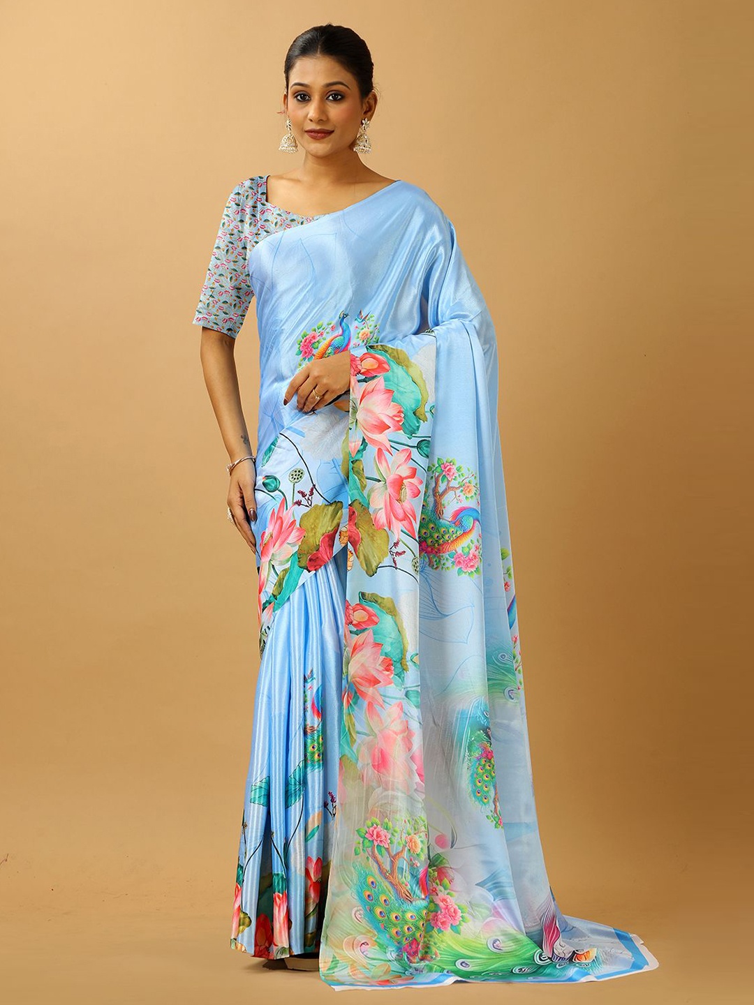 

A.V.M. SILK MILLS Floral Pure Crepe Saree, Blue