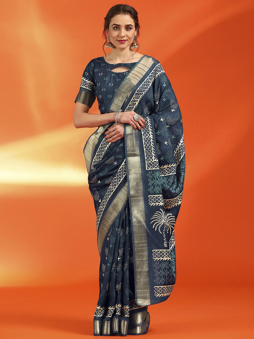 

Anouk Rustic Bagh Zari Silk Cotton Sungudi Saree, Teal